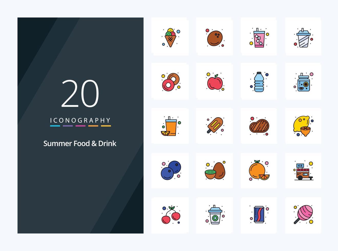 20 icono lleno de línea de bebida de comida de verano para presentación vector