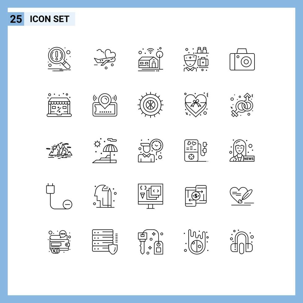 25 Universal Lines Set for Web and Mobile Applications studio camera home pills medicine Editable Vector Design Elements