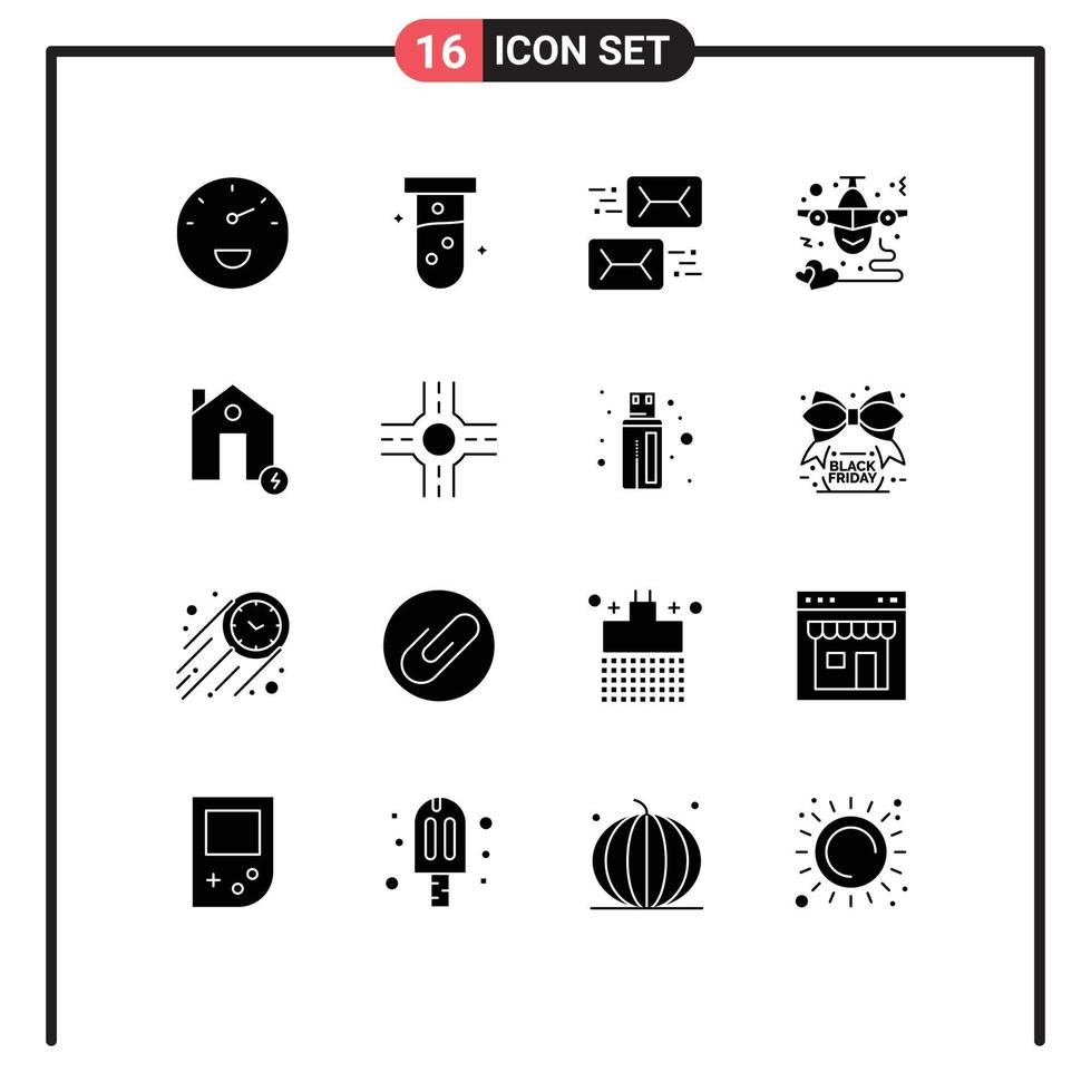 Pack of 16 creative Solid Glyphs of battery heart communication fly airplane Editable Vector Design Elements