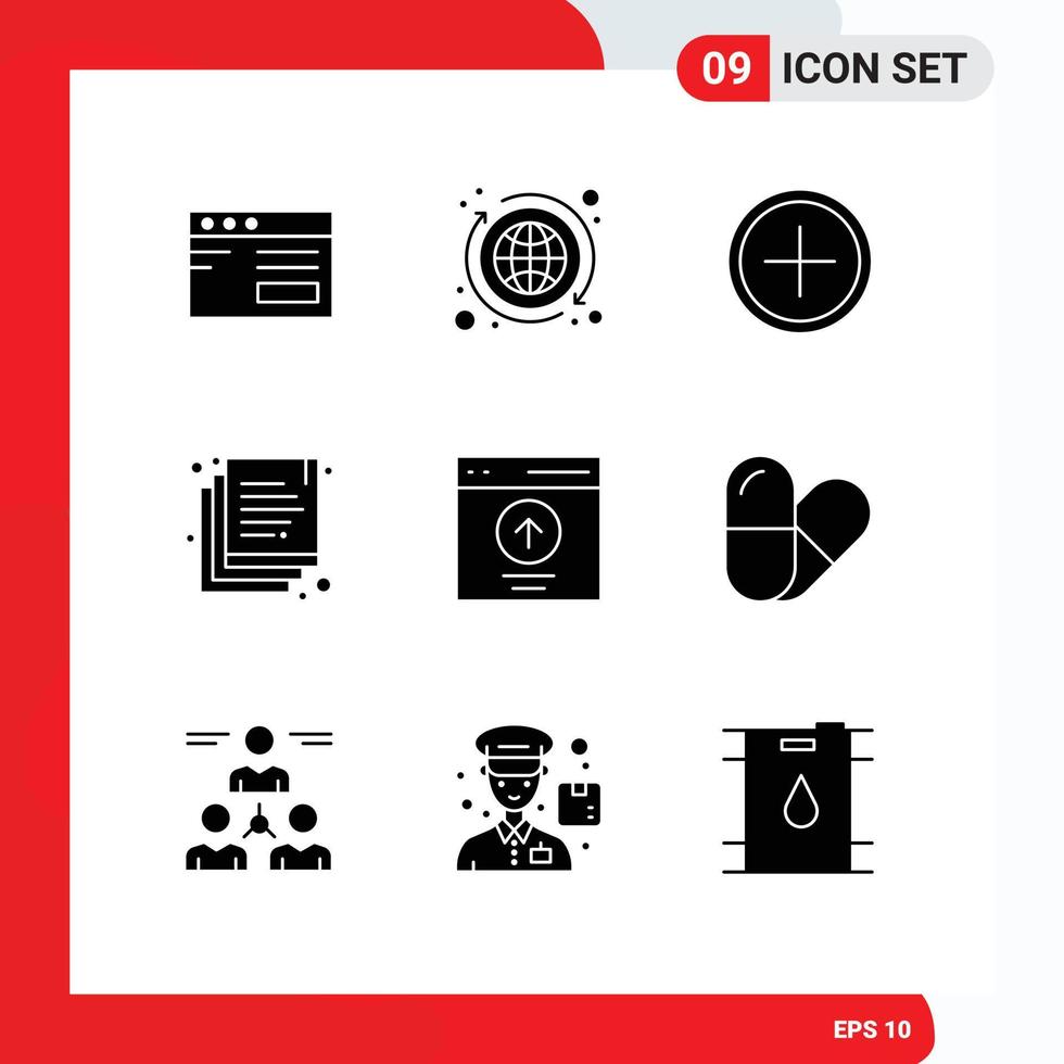 Universal Icon Symbols Group of 9 Modern Solid Glyphs of interface duplicate add documents plus Editable Vector Design Elements