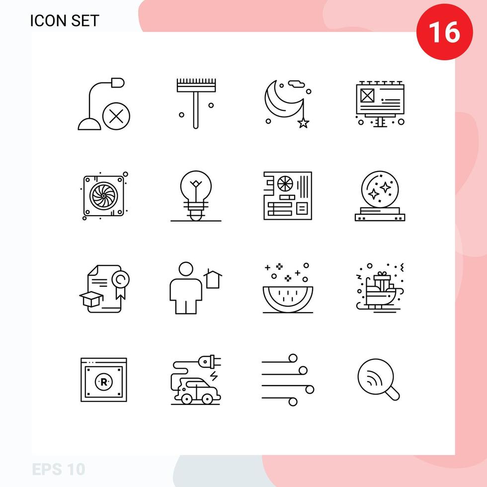 16 Universal Outlines Set for Web and Mobile Applications computer advertising shovel ad night Editable Vector Design Elements
