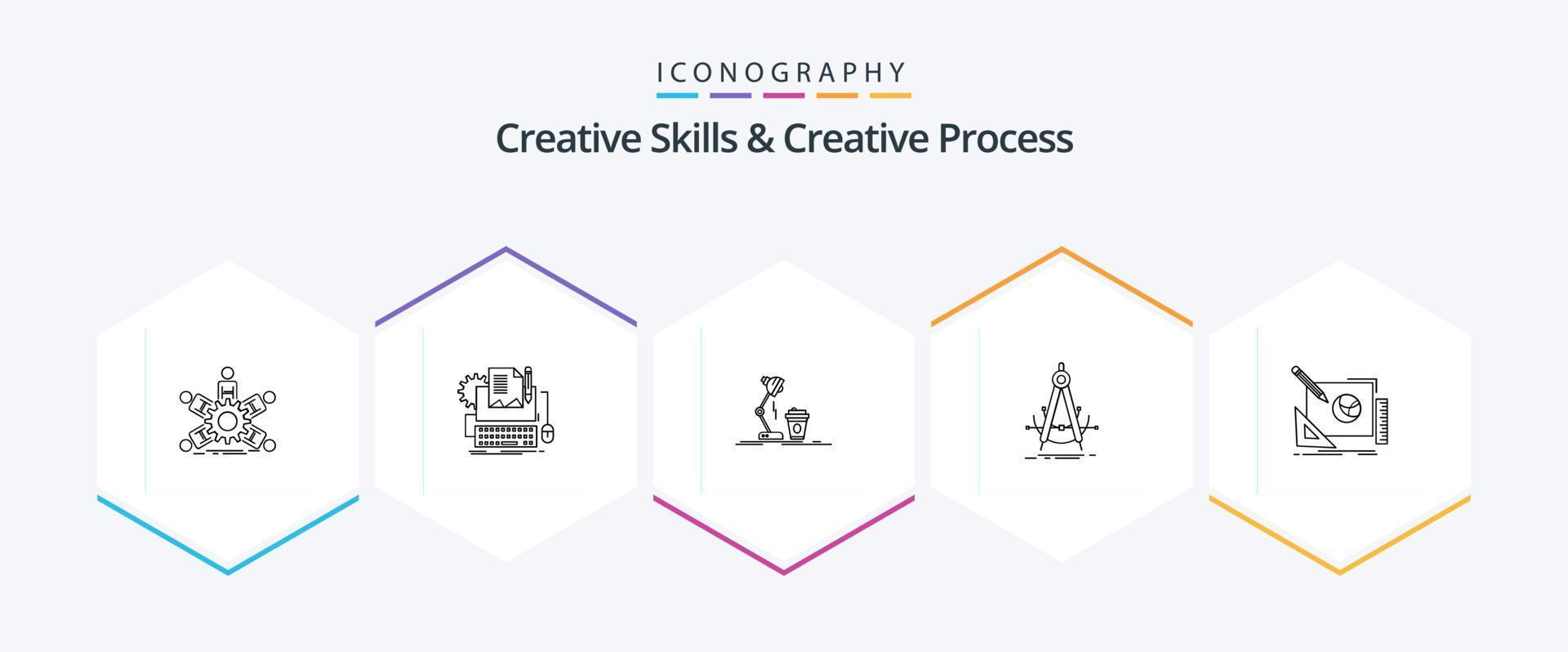 Creative Skills And Creative Process 25 Line icon pack including geometry. precision. paper. flash. coffee vector
