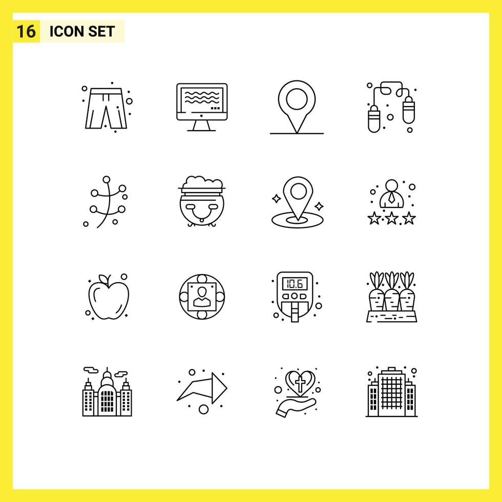 16 Universal Outlines Set for Web and Mobile Applications food plant location leaf jump rope Editable Vector Design Elements