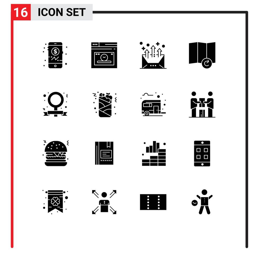 Set of 16 Commercial Solid Glyphs pack for feminist campaign arrow banner map Editable Vector Design Elements