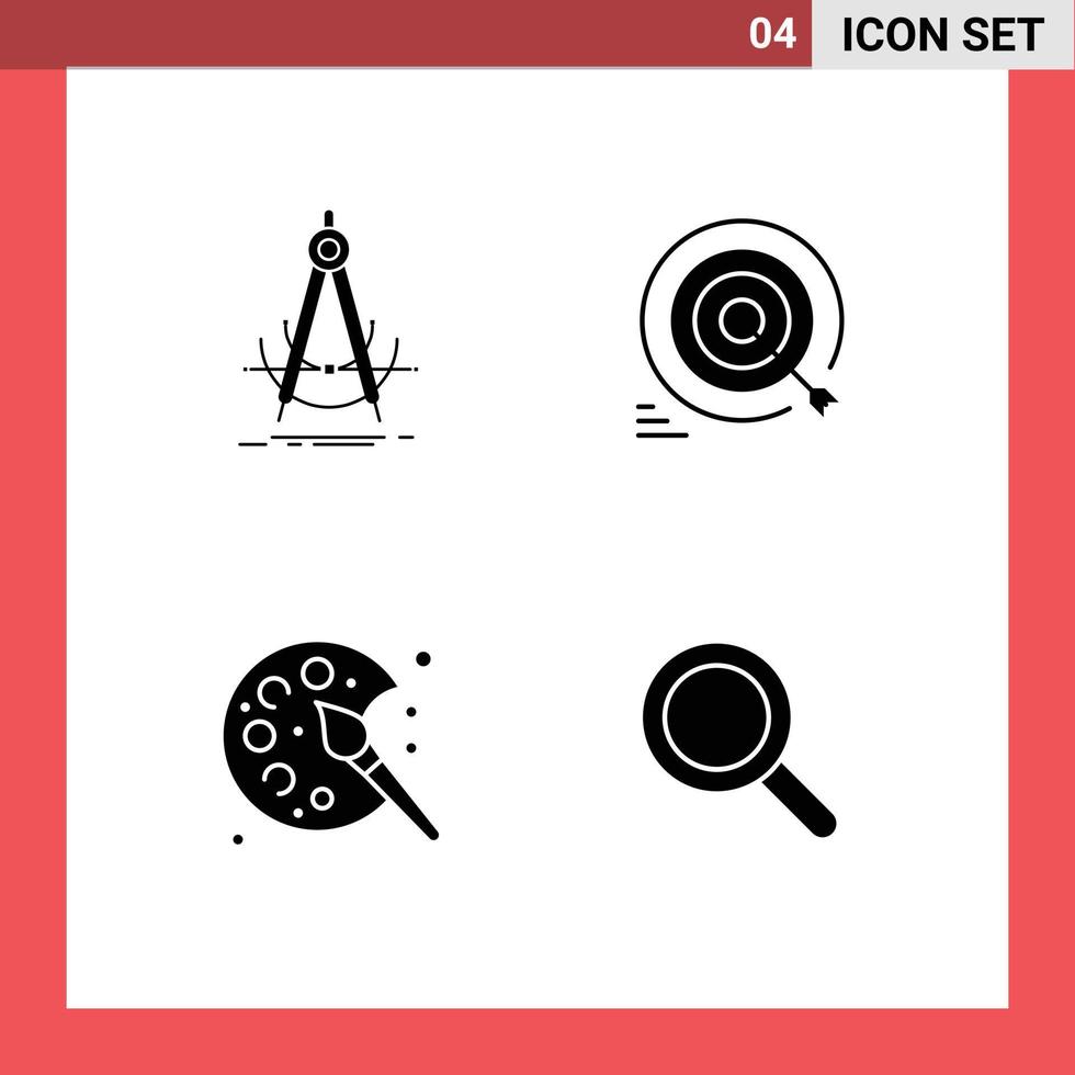 Mobile Interface Solid Glyph Set of 4 Pictograms of precision goals compass goal paint Editable Vector Design Elements