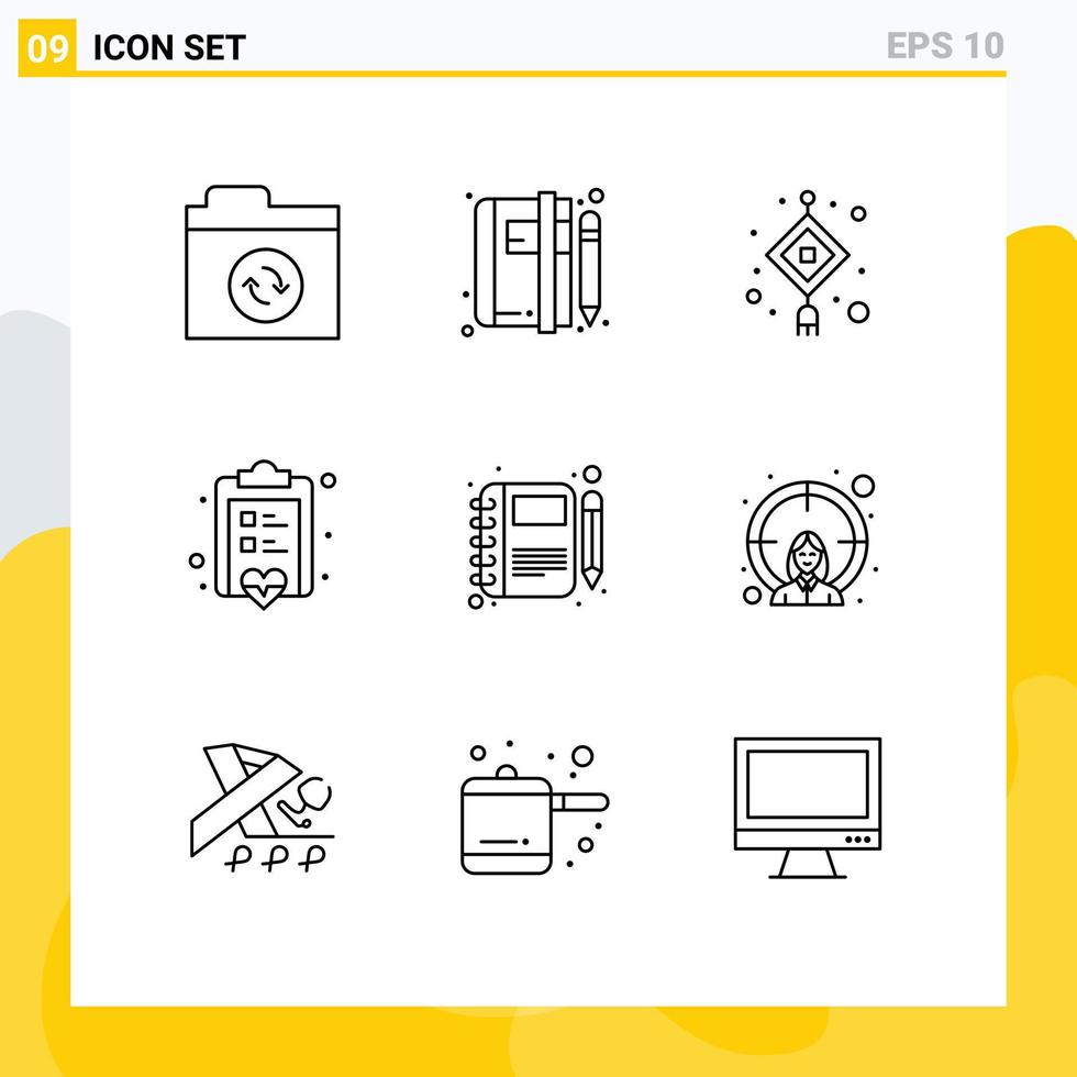 Outline Pack of 9 Universal Symbols of moleskin love chinese note board Editable Vector Design Elements