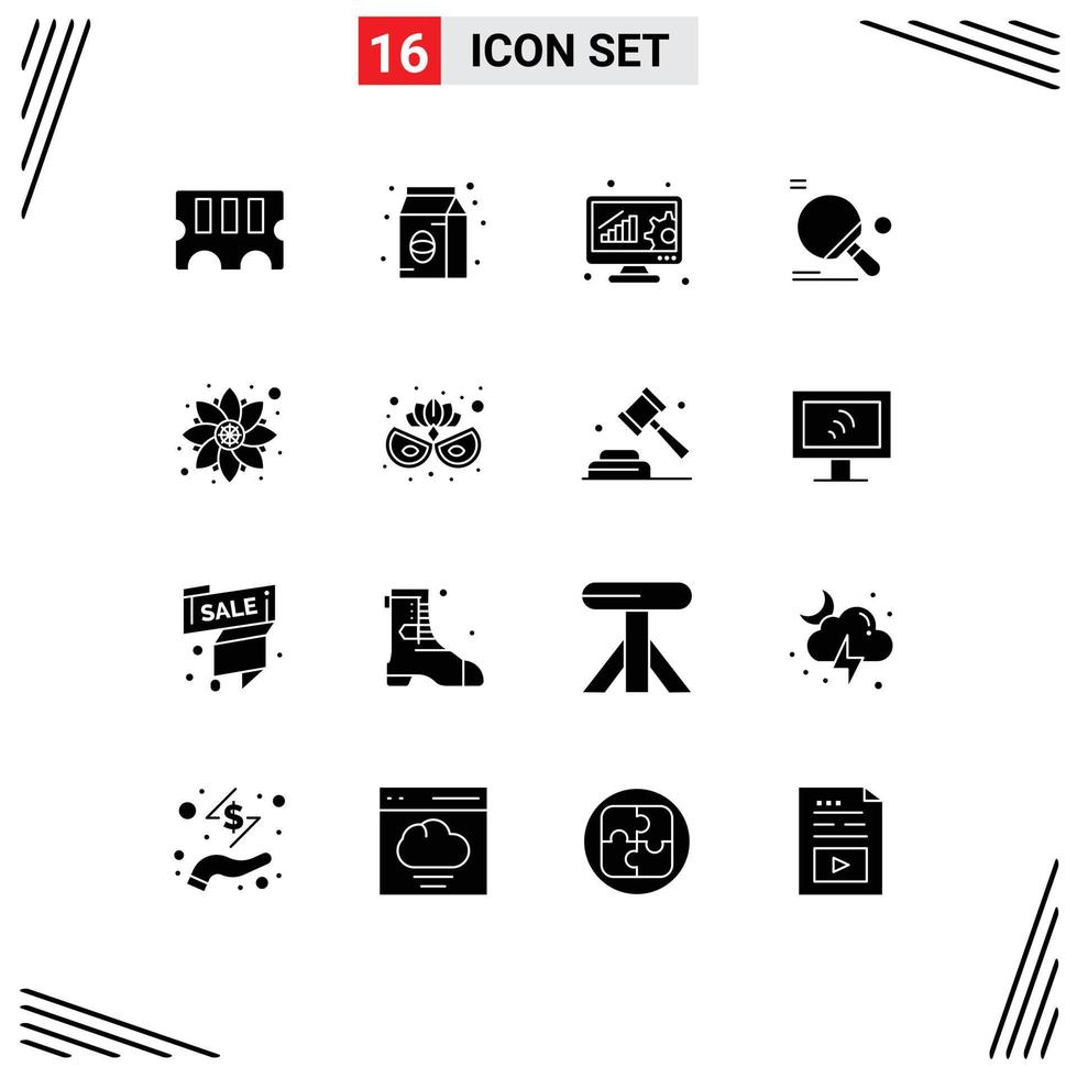 User Interface Pack of 16 Basic Solid Glyphs of pattern ball data analytics ping pong sport Editable Vector Design Elements