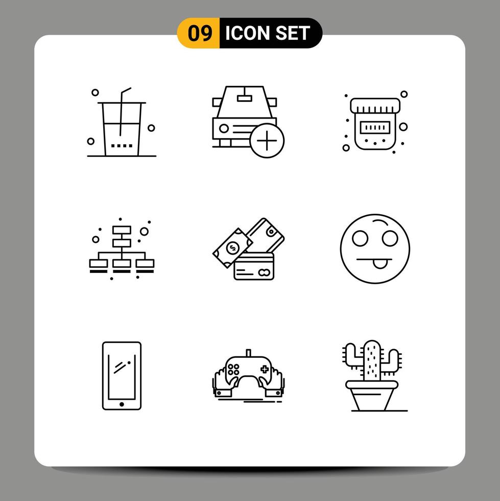 9 Universal Outlines Set for Web and Mobile Applications currency credit card vehicles web business Editable Vector Design Elements