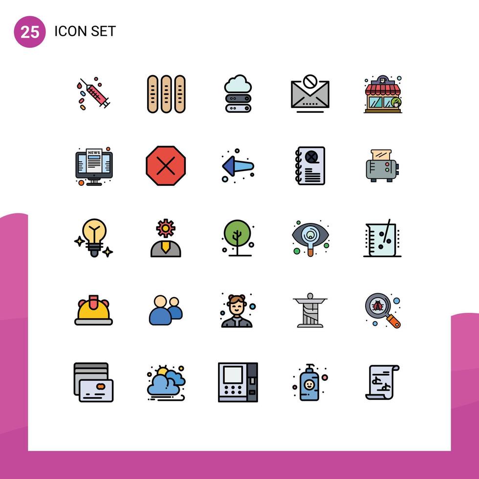 Set of 25 Vector Filled line Flat Colors on Grid for coffee house mail loaf information storage Editable Vector Design Elements