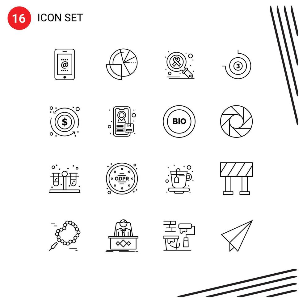 Mobile Interface Outline Set of 16 Pictograms of dollar timepiece finance stop watch virus Editable Vector Design Elements