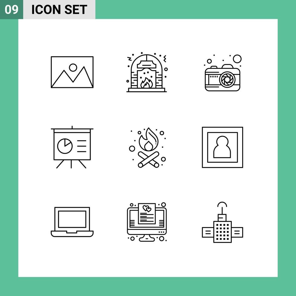 Pictogram Set of 9 Simple Outlines of fire presentation fire board picture Editable Vector Design Elements