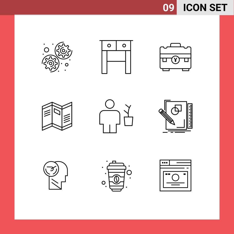 Mobile Interface Outline Set of 9 Pictograms of human avatar business paper map Editable Vector Design Elements