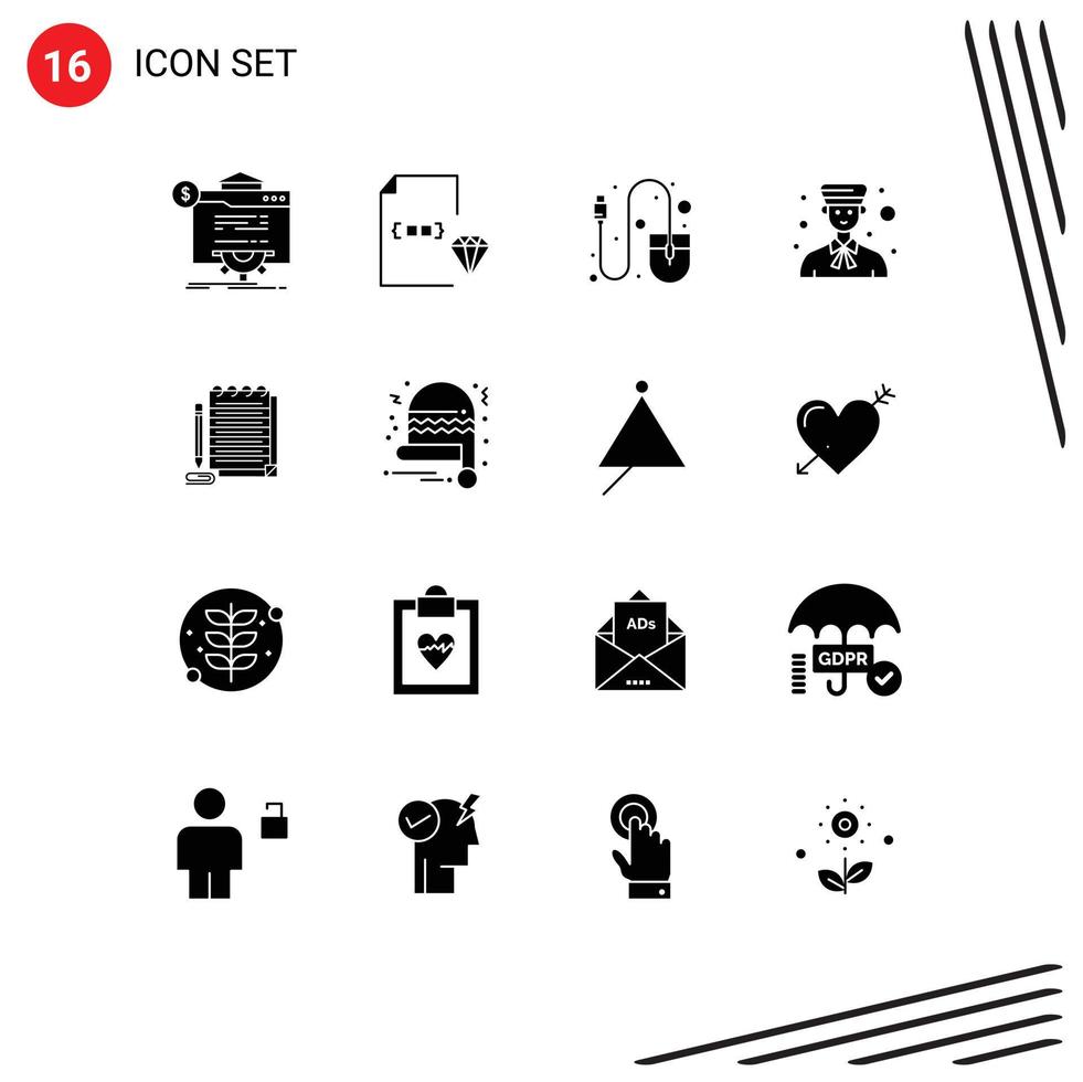 Pack of 16 Modern Solid Glyphs Signs and Symbols for Web Print Media such as people bell document avatar mouse Editable Vector Design Elements