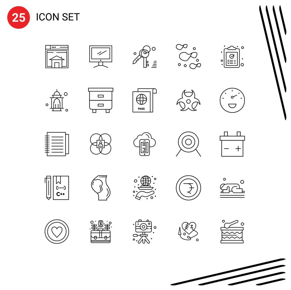 Pictogram Set of 25 Simple Lines of clipboard food device chips key Editable Vector Design Elements