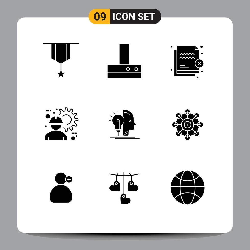 Pack of 9 Modern Solid Glyphs Signs and Symbols for Web Print Media such as gear engineer deny construction worker transfer Editable Vector Design Elements