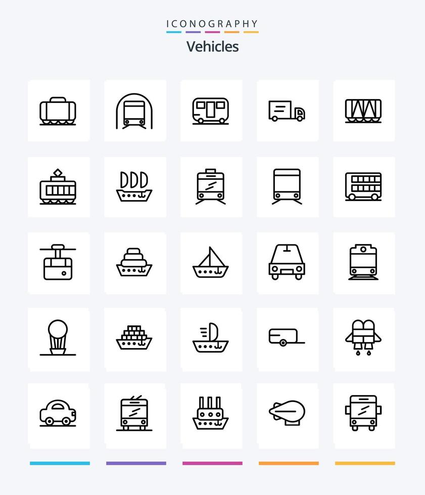 Paquete de iconos de 25 contornos de vehículos creativos, como el ferrocarril. vehículo. caravana. ferrocarril. camión vector