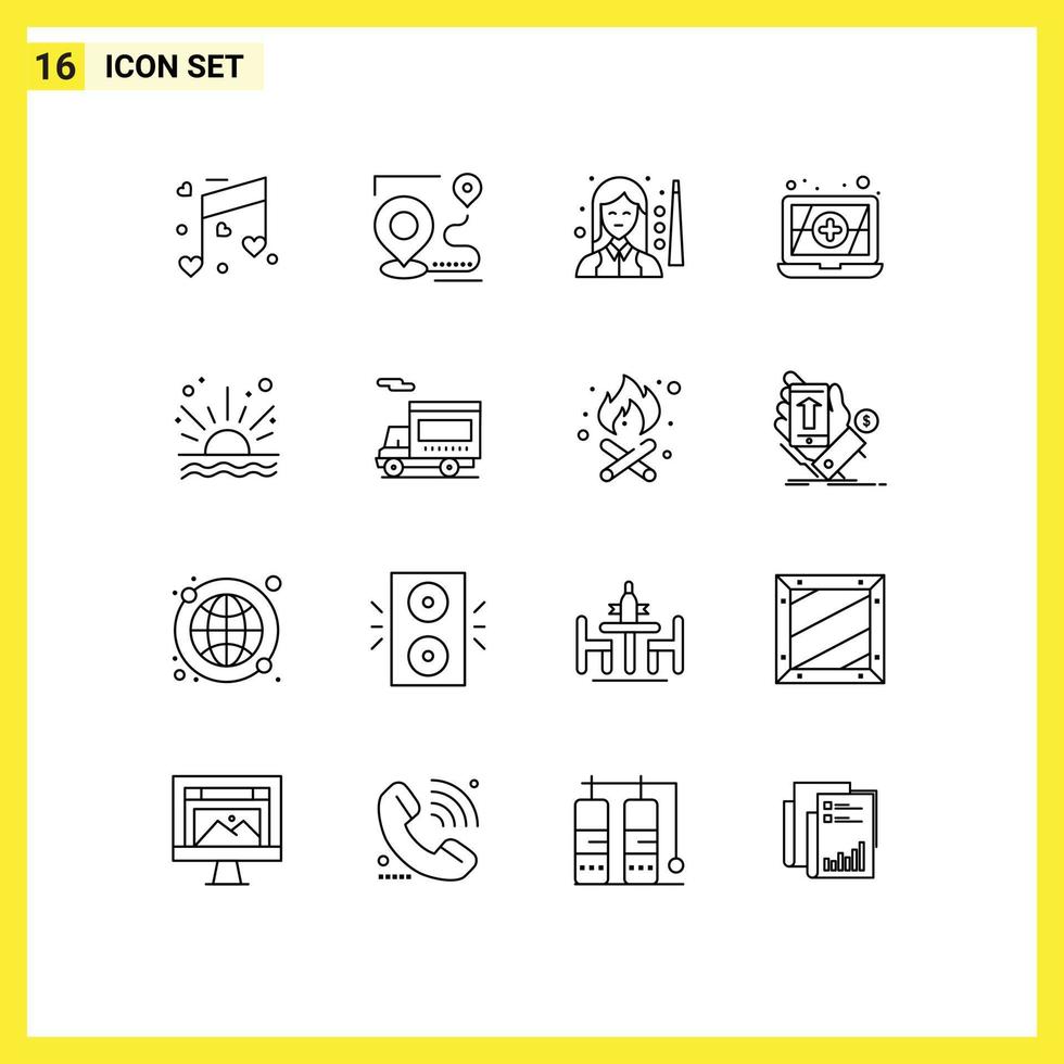 Group of 16 Modern Outlines Set for sunrise ocean position antivirus snooker Editable Vector Design Elements
