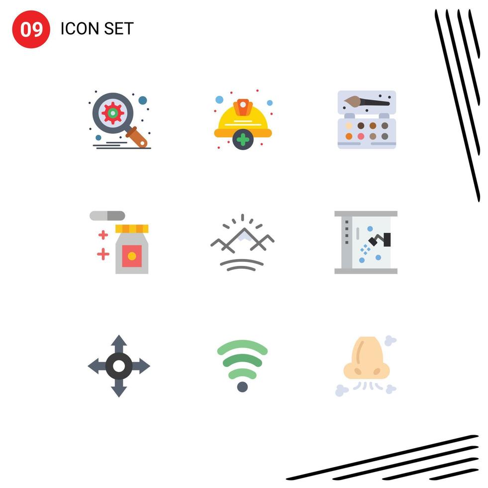 Modern Set of 9 Flat Colors Pictograph of sun mountains art temperature tablet Editable Vector Design Elements