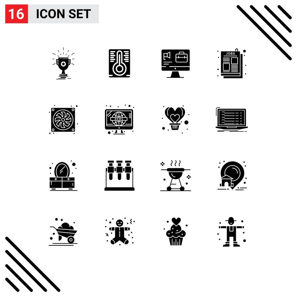 16 Universal Solid Glyphs Set for Web and Mobile Applications fan casing bag job ad article Editable Vector Design Elements