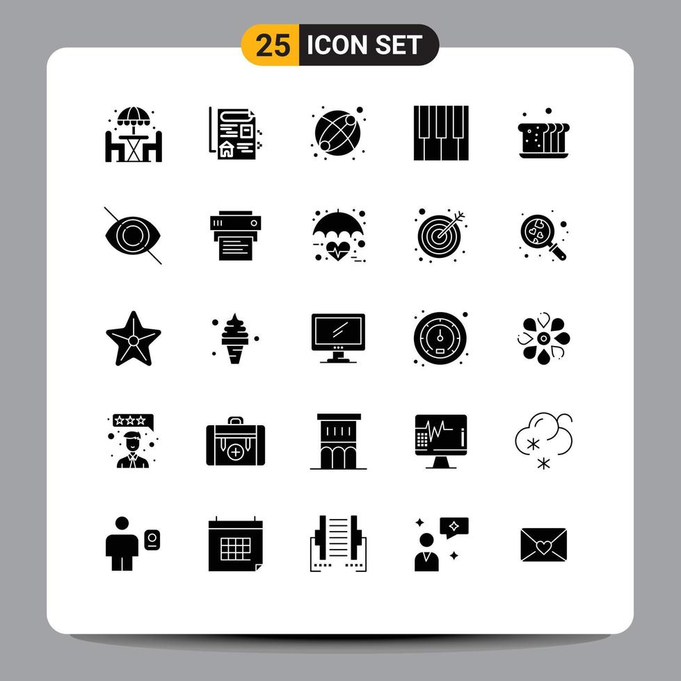 Set of 25 Vector Solid Glyphs on Grid for meal bread ball baking piano Editable Vector Design Elements