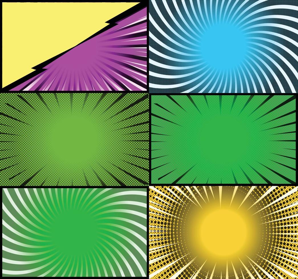 Comic book colorful frames background with halftone rays radial and dotted effects pop art style vector