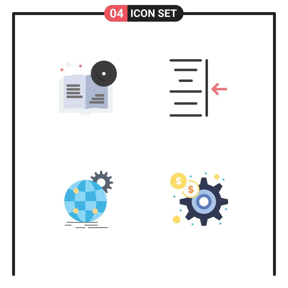 Mobile Interface Flat Icon Set of 4 Pictograms of book globe cd text gear Editable Vector Design Elements