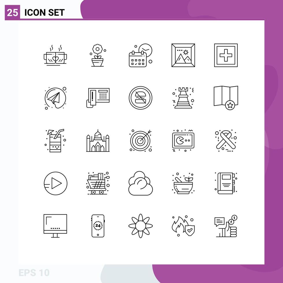 User Interface Pack of 25 Basic Lines of help picture calendar photo job Editable Vector Design Elements