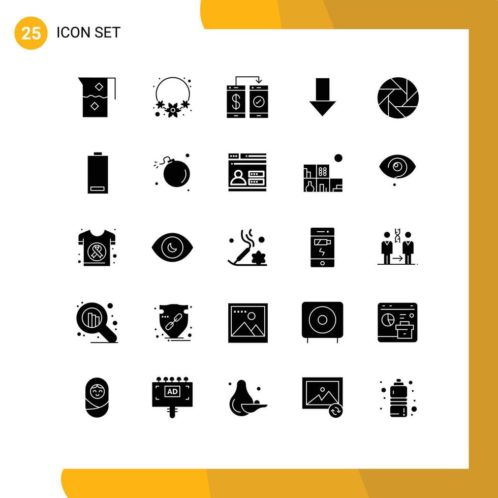 Pictogram Set of 25 Simple Solid Glyphs of aperture down arrow banking down wallet Editable Vector Design Elements