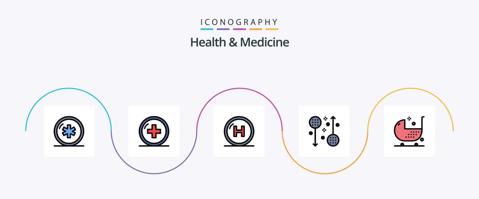 la línea de salud y medicina llenó el paquete de iconos planos 5 que incluye fitness. enfermedad. medicamento. línea. salud vector