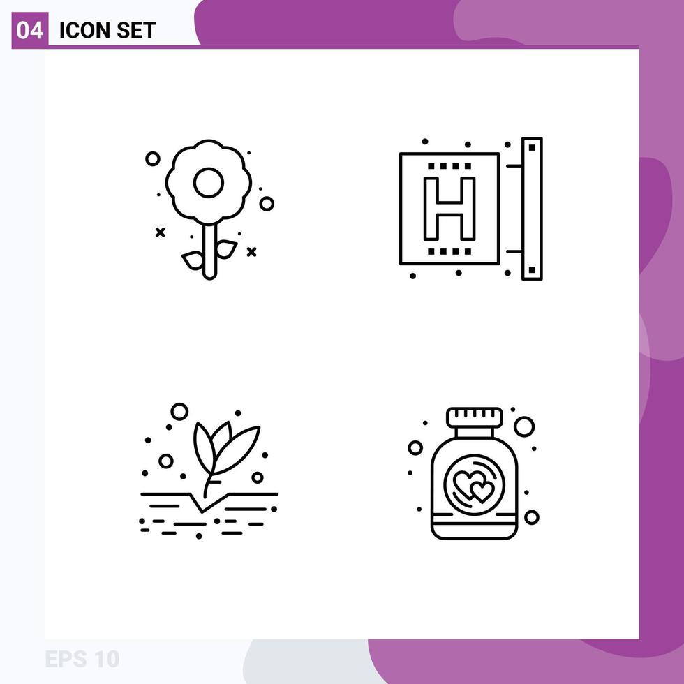 Mobile Interface Line Set of 4 Pictograms of flower agriculture holiday fitness farming Editable Vector Design Elements