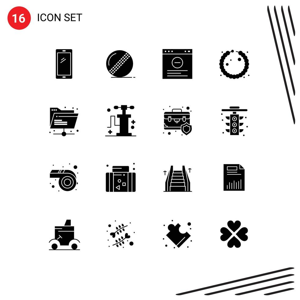 User Interface Pack of 16 Basic Solid Glyphs of network folder sport jewel bracelet Editable Vector Design Elements