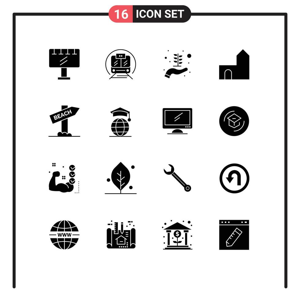 Pack of 16 creative Solid Glyphs of sign medieval business startup fortress castle building Editable Vector Design Elements