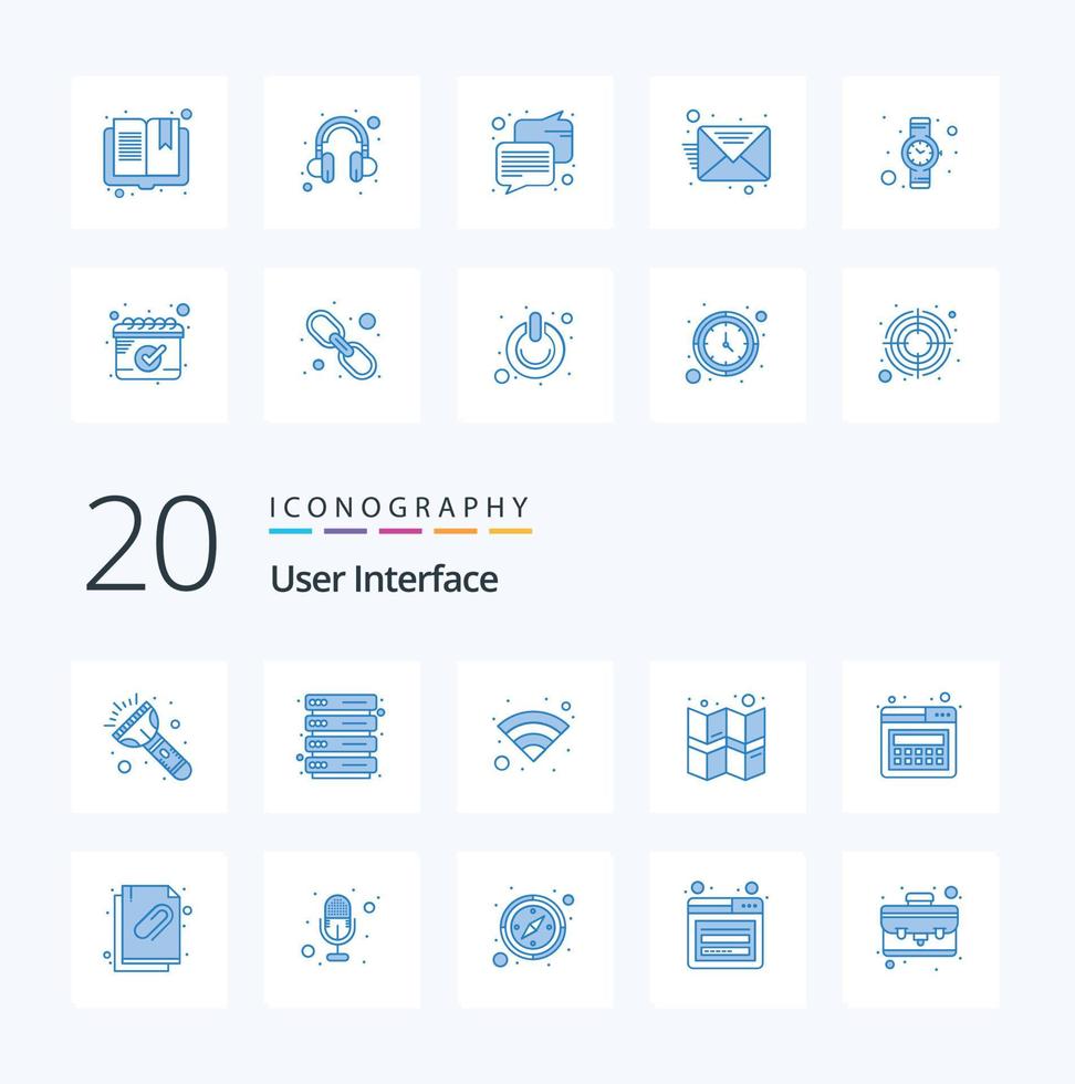 20 User Interface Blue Color icon Pack like document attached document wireless web landing vector