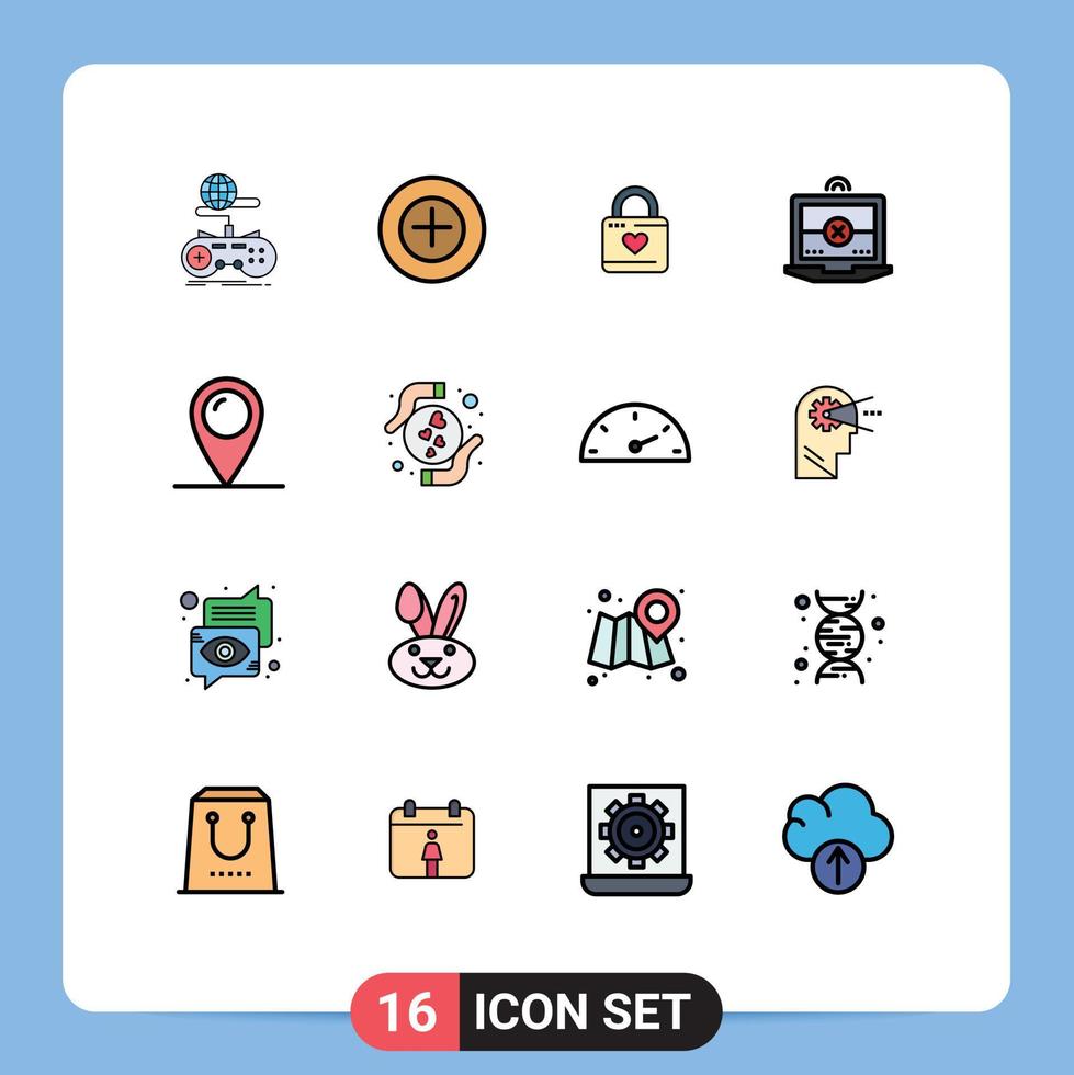 User Interface Pack of 16 Basic Flat Color Filled Lines of location cross lock computing heart lock Editable Creative Vector Design Elements