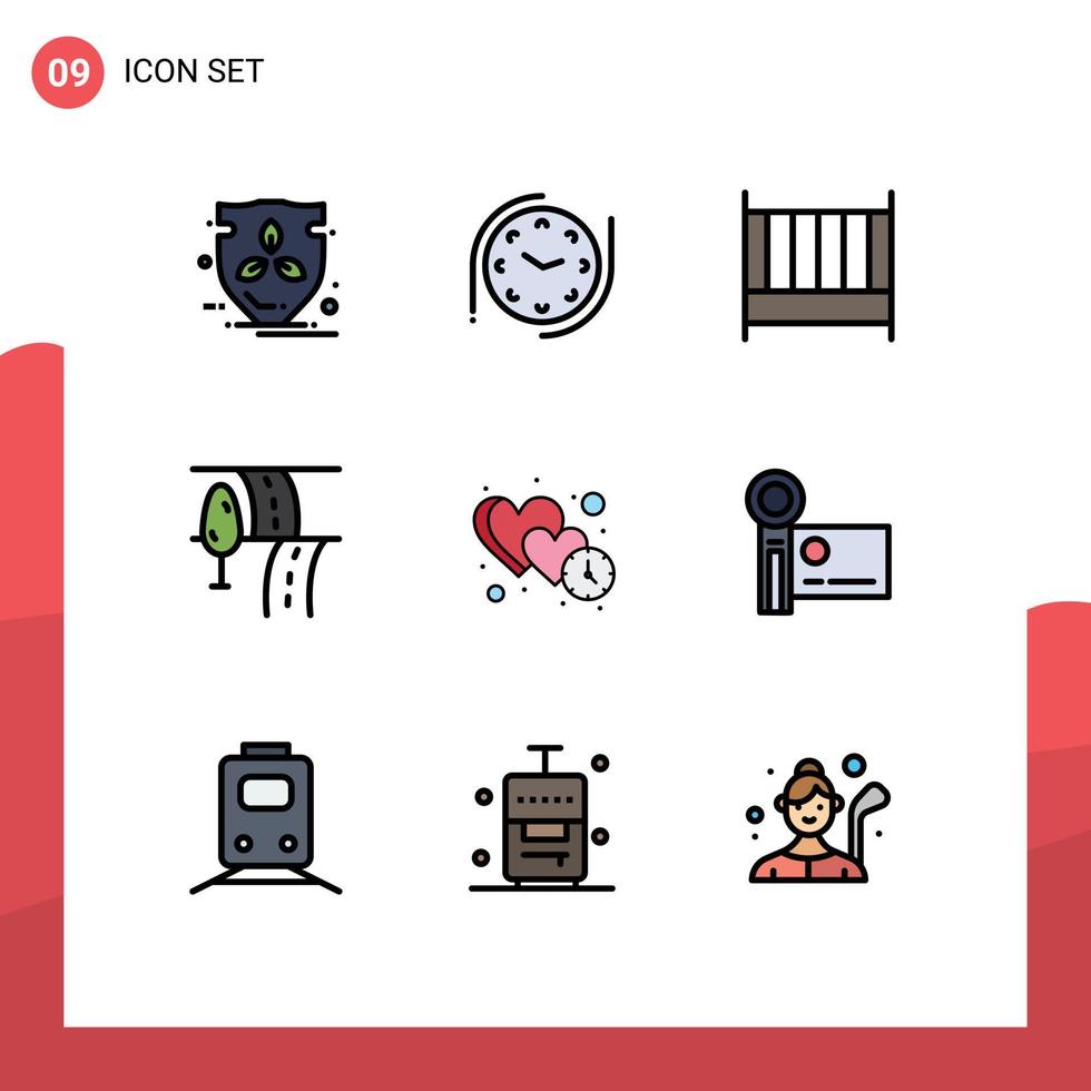 Pack of 9 Modern Filledline Flat Colors Signs and Symbols for Web Print Media such as time heart bedroom clock route Editable Vector Design Elements