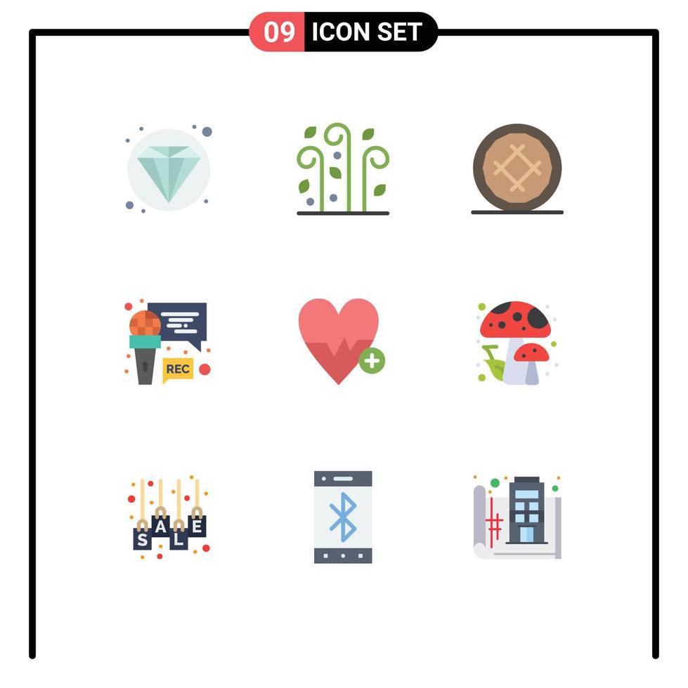 Set of 9 Vector Flat Colors on Grid for heart beat program cake recording mic Editable Vector Design Elements