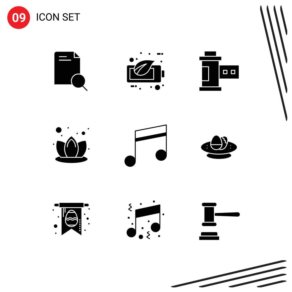 Group of 9 Modern Solid Glyphs Set for music album camera spa lily Editable Vector Design Elements