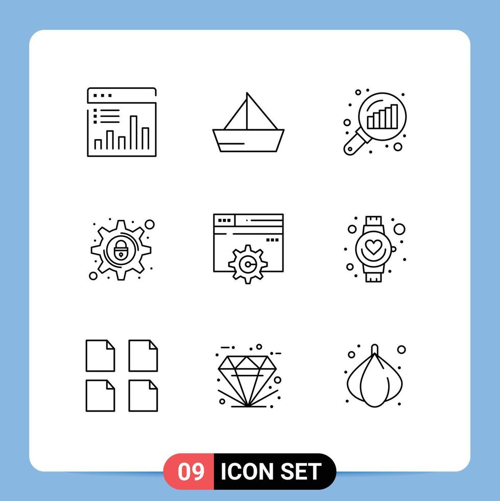 Modern Set of 9 Outlines and symbols such as setting lock vehicles cyber crime graph magnifying Editable Vector Design Elements