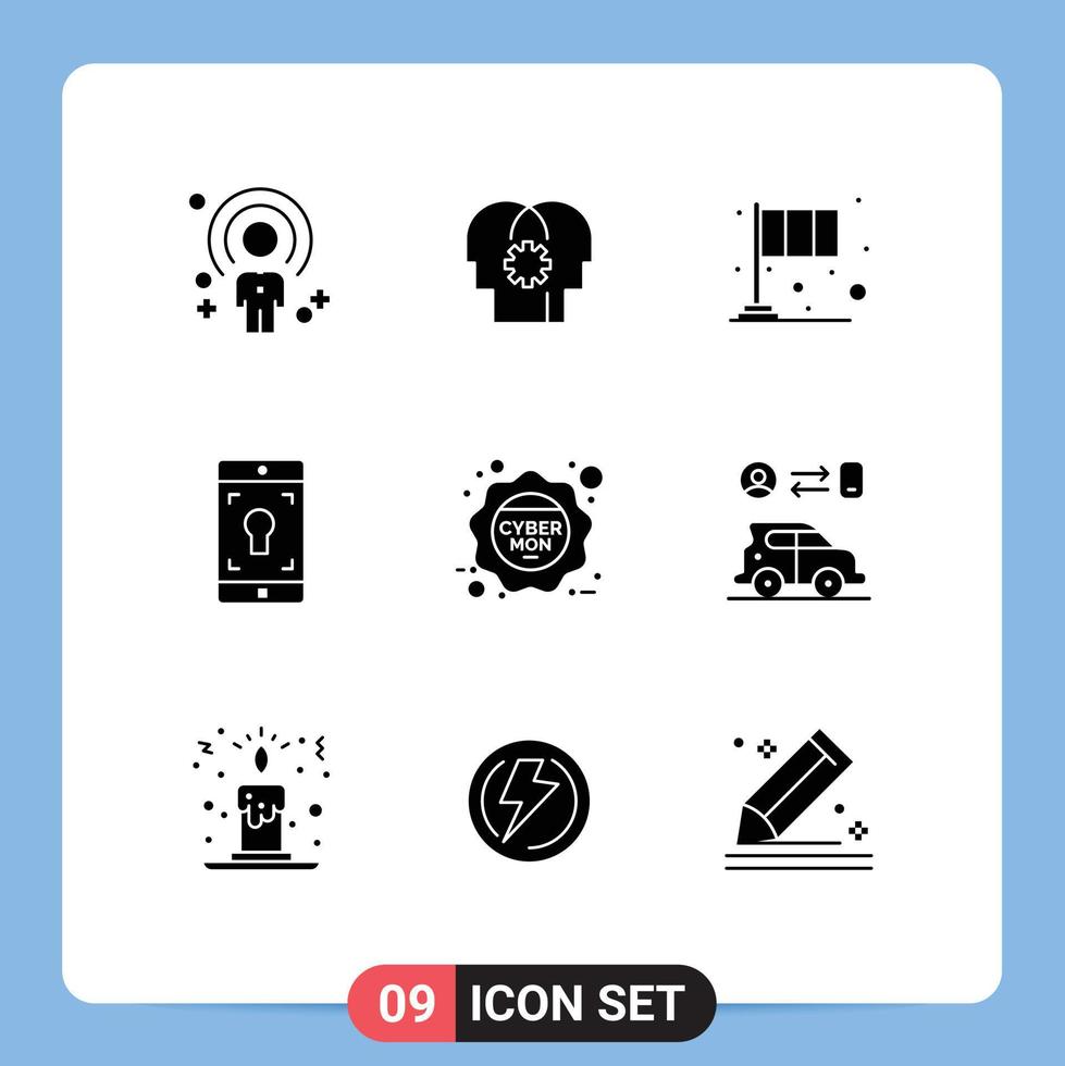 Pack of 9 creative Solid Glyphs of screen mobile setting application irish Editable Vector Design Elements