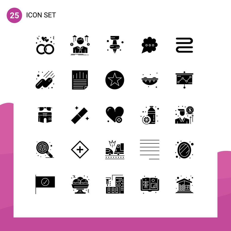 User Interface Pack of 25 Basic Solid Glyphs of towel clean sales man comment bubble Editable Vector Design Elements