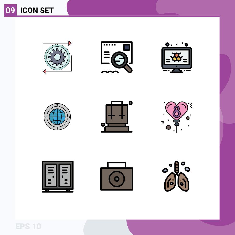 User Interface Pack of 9 Basic Filledline Flat Colors of global communication search business science Editable Vector Design Elements