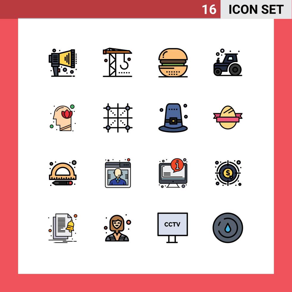 Modern Set of 16 Flat Color Filled Lines Pictograph of harmony tractor cooking farming agriculture Editable Creative Vector Design Elements