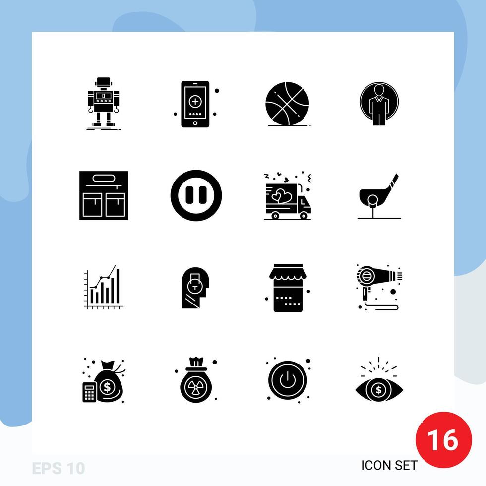 16 Universal Solid Glyphs Set for Web and Mobile Applications image id medical user sports Editable Vector Design Elements