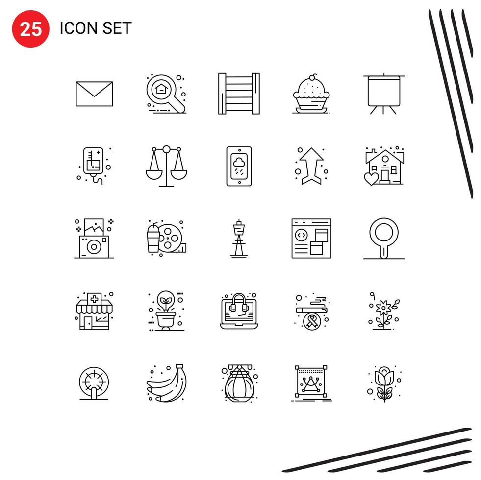 Mobile Interface Line Set of 25 Pictograms of presentation board ladder thanksgiving muffin Editable Vector Design Elements