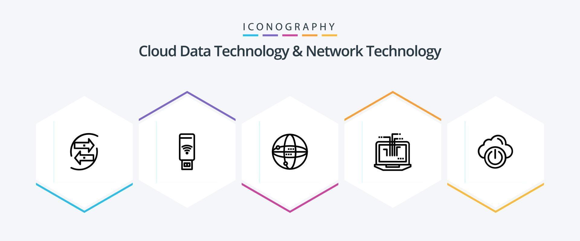 Cloud Data Technology And Network Technology 25 Line icon pack including hardware. network. servise . computer. computing vector