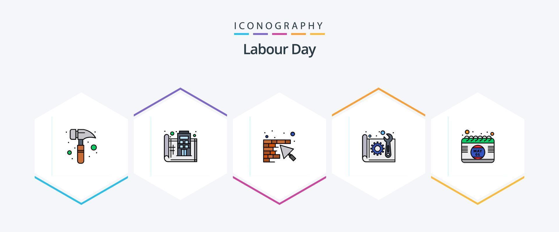 paquete de iconos de línea de relleno del día del trabajo 25 que incluye calendario. papel. pared. construcción. arquitectura vector