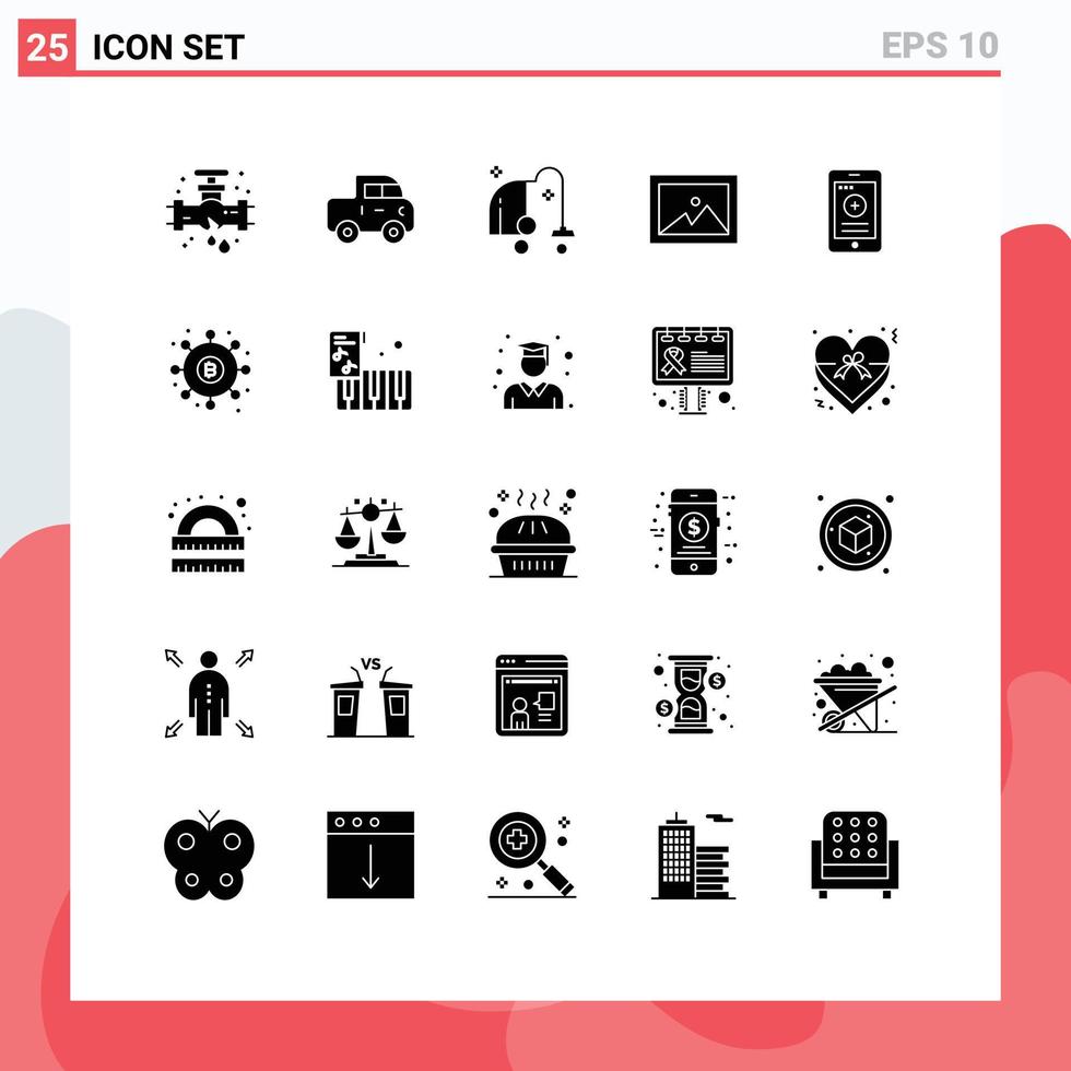 Mobile Interface Solid Glyph Set of 25 Pictograms of hospital cell electrical medical image Editable Vector Design Elements