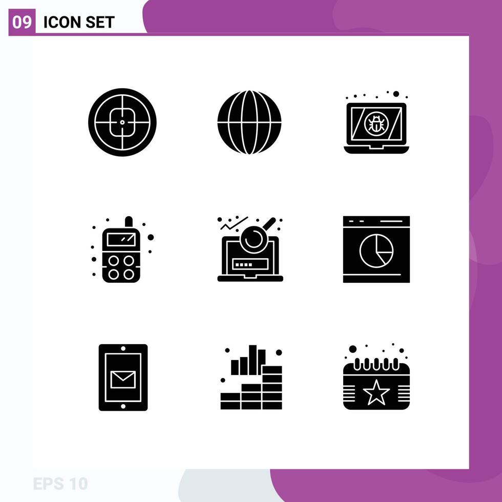 Group of 9 Solid Glyphs Signs and Symbols for file toy internet radio virus Editable Vector Design Elements
