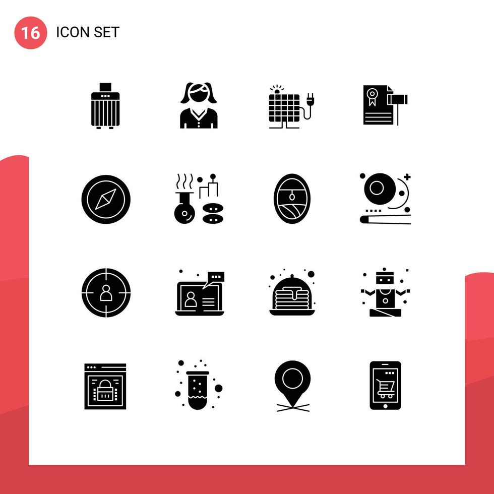 Universal Icon Symbols Group of 16 Modern Solid Glyphs of location judge solar gravel vintage Editable Vector Design Elements