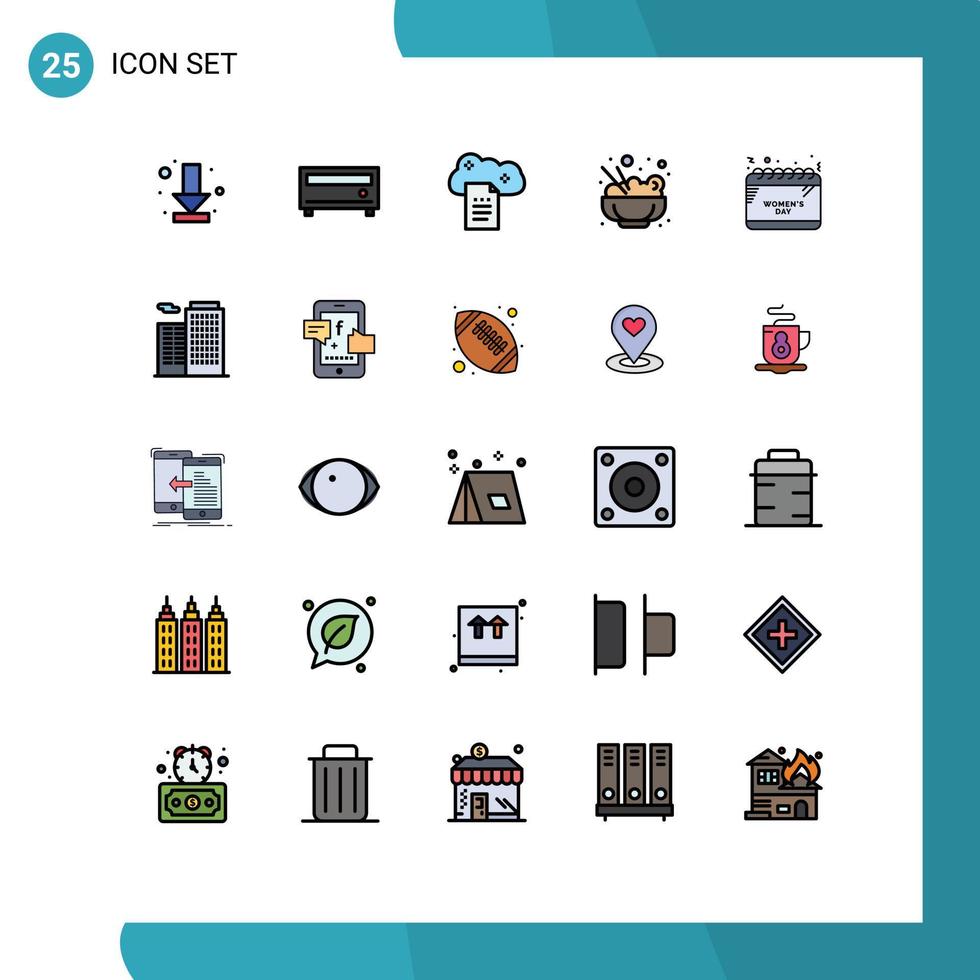 paquete de 25 modernos signos y símbolos de colores planos de línea rellena para medios de impresión web, como calendario de tiempo, almacenamiento digital, arroz, elementos de diseño de vectores editables chinos